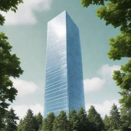 A realistic glass and aluminium skyscraper building standing tall against a lush green forest background.