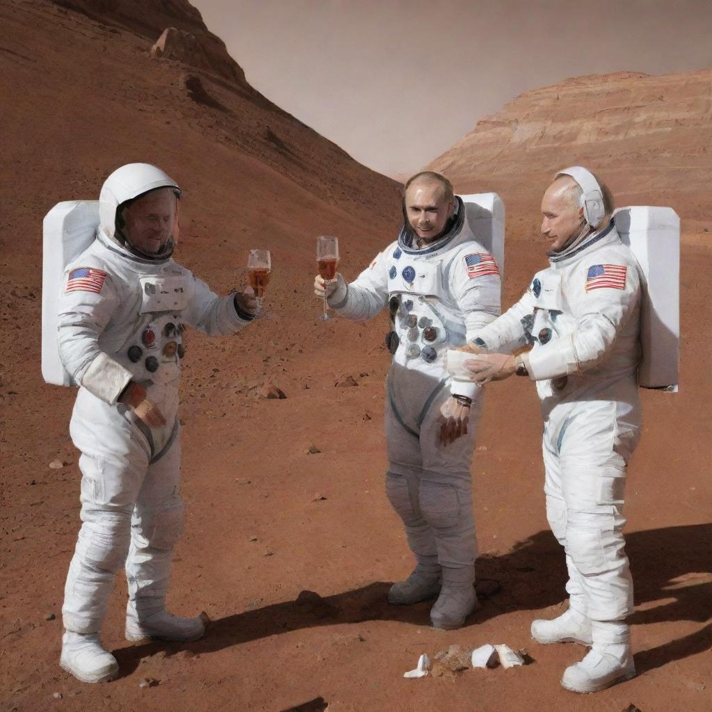 Narendra Modi, Vladimir Putin, and Donald Trump, dressed in space suits, having a toast with special space drinks in their hands, on the rocky red landscape of Mars.