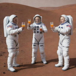 Narendra Modi, Vladimir Putin, and Donald Trump, dressed in space suits, having a toast with special space drinks in their hands, on the rocky red landscape of Mars.