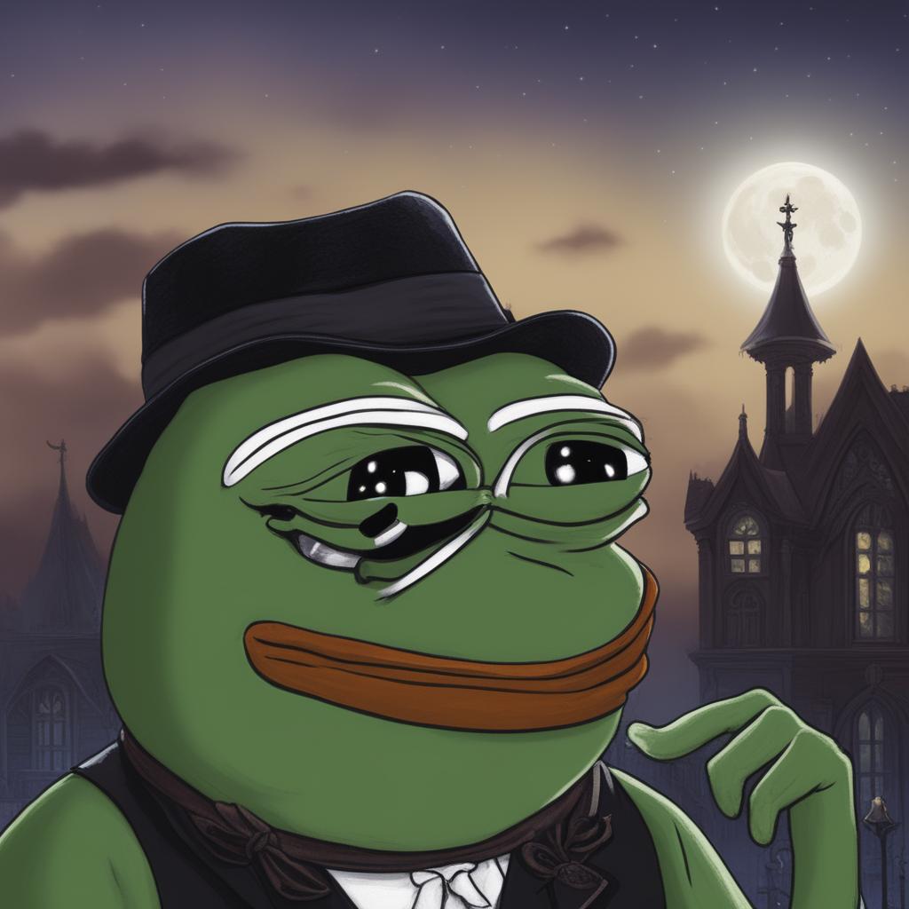 A high-resolution digital art image of Pepe the Frog, portrayed in a unique gothic style