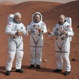 Narendra Modi, Vladimir Putin, and Donald Trump, dressed in space suits, having a toast with special space drinks in their hands, on the rocky red landscape of Mars.