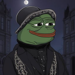 A high-resolution digital art image of Pepe the Frog, portrayed in a unique gothic style