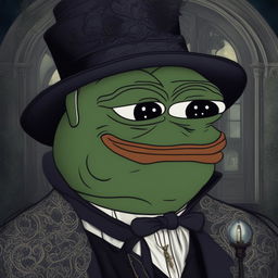 A high-resolution digital art image of Pepe the Frog, portrayed in a unique gothic style