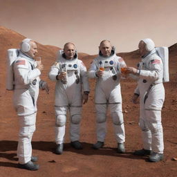 Narendra Modi, Vladimir Putin, and Donald Trump, dressed in space suits, having a toast with special space drinks in their hands, on the rocky red landscape of Mars.