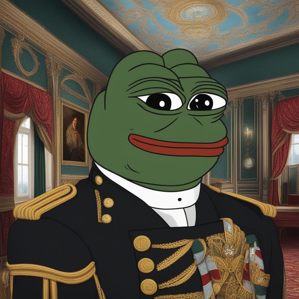 A high-definition digital art image of Pepe the Frog, portrayed as an 1800s Russian aristocrat in a richly decorated military uniform, set against a luxurious palace interior