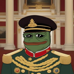 A high-definition digital art image of Pepe the Frog, portrayed as an 1800s Russian aristocrat in a richly decorated military uniform, set against a luxurious palace interior