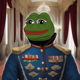 A high-definition digital art image of Pepe the Frog, portrayed as an 1800s Russian aristocrat in a richly decorated military uniform, set against a luxurious palace interior