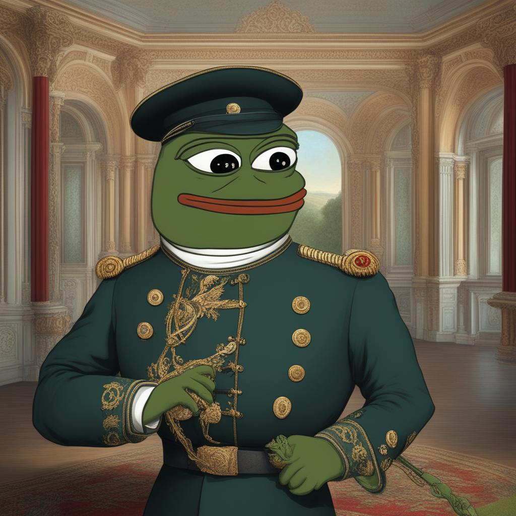 A high-definition digital art image of Pepe the Frog, portrayed as an 1800s Russian aristocrat in a richly decorated military uniform, set against a luxurious palace interior