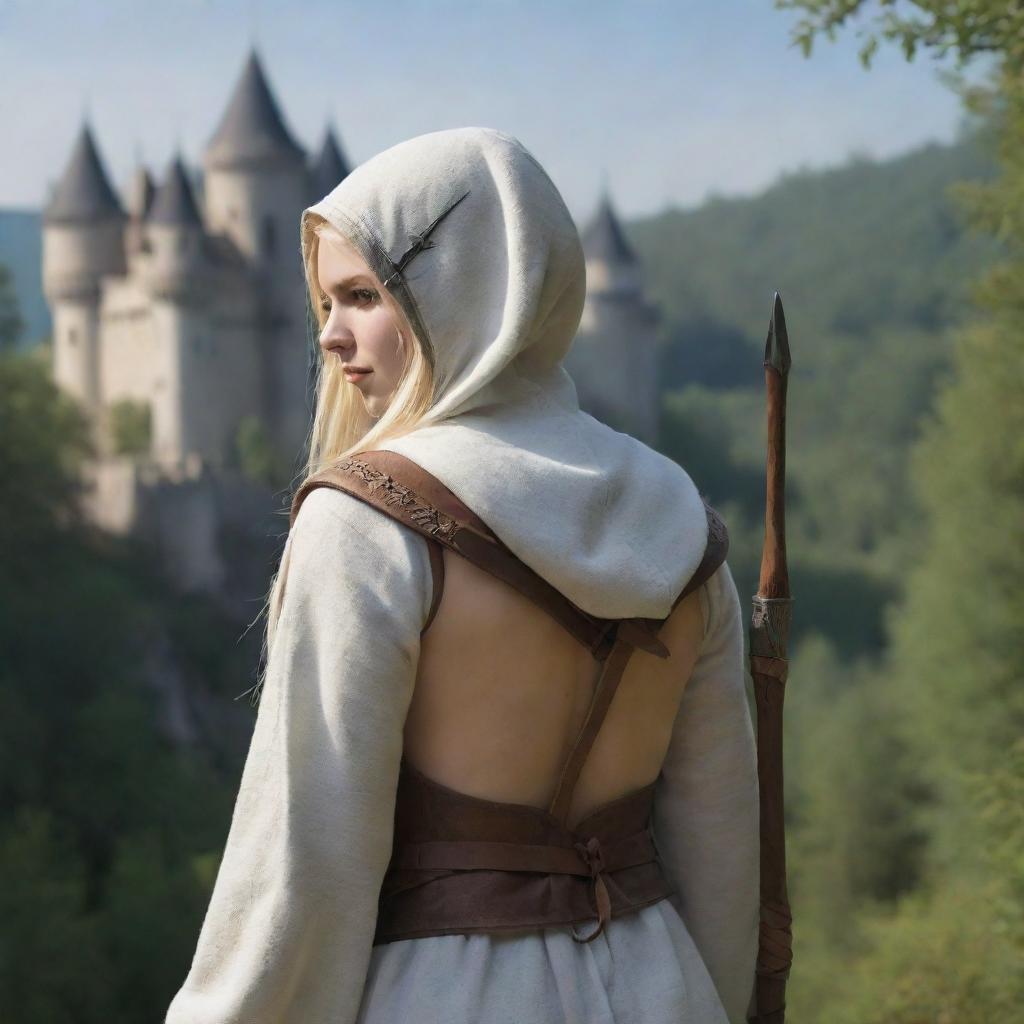 medieval hooded beatifull, bigb boobs, blonde elf girl, 23 years old, bow with arrows on his back, in front with castle and forest background charmOfTheRealm, realistic hd, high detailed,