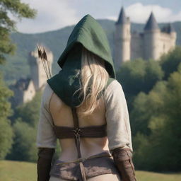 medieval hooded beatifull, bigb boobs, blonde elf girl, 23 years old, bow with arrows on his back, in front with castle and forest background charmOfTheRealm, realistic hd, high detailed,