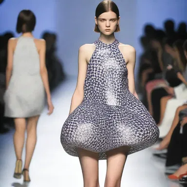 The trendy designer showcased a plop-inspired dress on the runway, featuring a rounded object motif with liquid-like patterns.