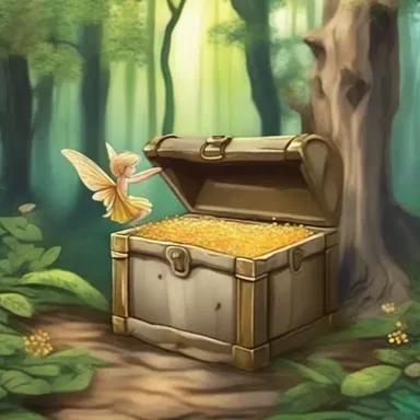 In the enchanted forest, the fairy plopped the golden key into the ancient stone chest with a magical noise.