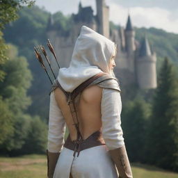 medieval hooded beatifull, bigb boobs, blonde elf girl, 23 years old, bow with arrows on his back, in front with castle and forest background charmOfTheRealm, realistic hd, high detailed,