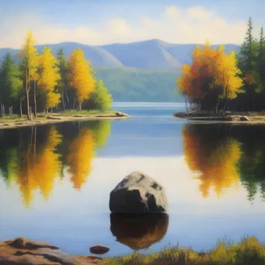 The artist wanted to depict the tranquility of the lake by showing a small stone plopping into the water in their painting.