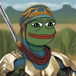 A high-resolution digital art image of Pepe the Frog, portrayed as an African warlord