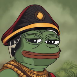 A high-resolution digital art image of Pepe the Frog, portrayed as an African warlord