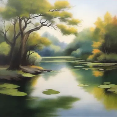 The artist painted a serene landscape depicting leaves plopping into a tranquil pond.