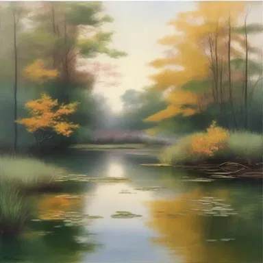The artist painted a serene landscape depicting leaves plopping into a tranquil pond.