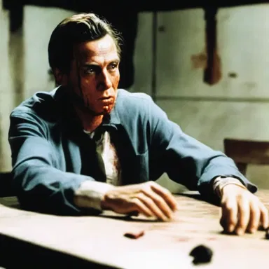 In the horror movie, the killer silently approached his victim before plopping a severed hand on the table.