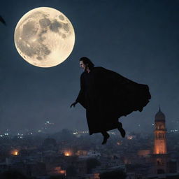 A terrifyingly dramatic scene of a vampire launching an attack under the eerie glow of a full moon, in a historic cityscape of Pakistan.