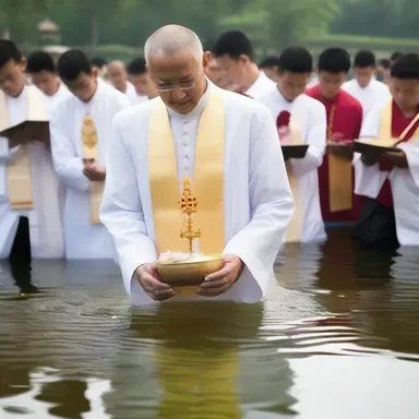 During the ceremony, the priest placed a sacred object in the water, causing it to plop with reverence.