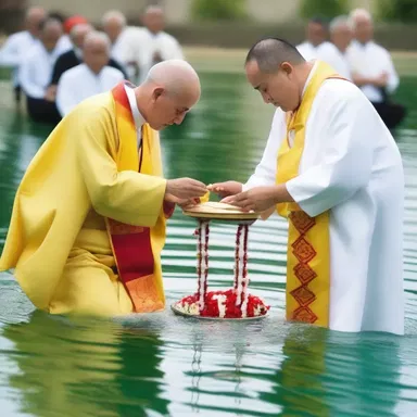 During the ceremony, the priest placed a sacred object in the water, causing it to plop with reverence.