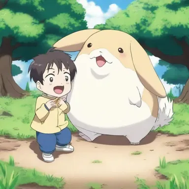 In the anime series, the character summoned a magical creature that plopped onto the ground with a cute noise.