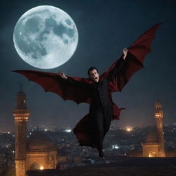 A terrifyingly dramatic scene of a vampire launching an attack under the eerie glow of a full moon, in a historic cityscape of Pakistan.