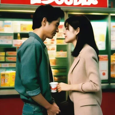 In the romantic comedy movie, the two main characters shared a tender moment outside a convenience.