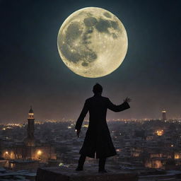 A terrifyingly dramatic scene of a vampire launching an attack under the eerie glow of a full moon, in a historic cityscape of Pakistan.