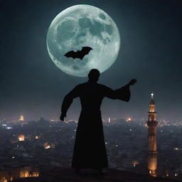 A terrifyingly dramatic scene of a vampire launching an attack under the eerie glow of a full moon, in a historic cityscape of Pakistan.