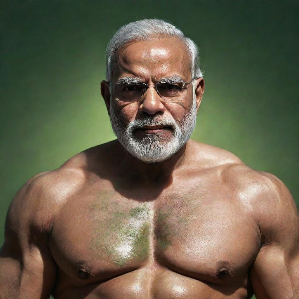 A powerful and imposing image of Narendra Modi, his facial features recognizable, on the robust body of 'The Hulk', radiating strength and determination.