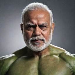 A powerful and imposing image of Narendra Modi, his facial features recognizable, on the robust body of 'The Hulk', radiating strength and determination.