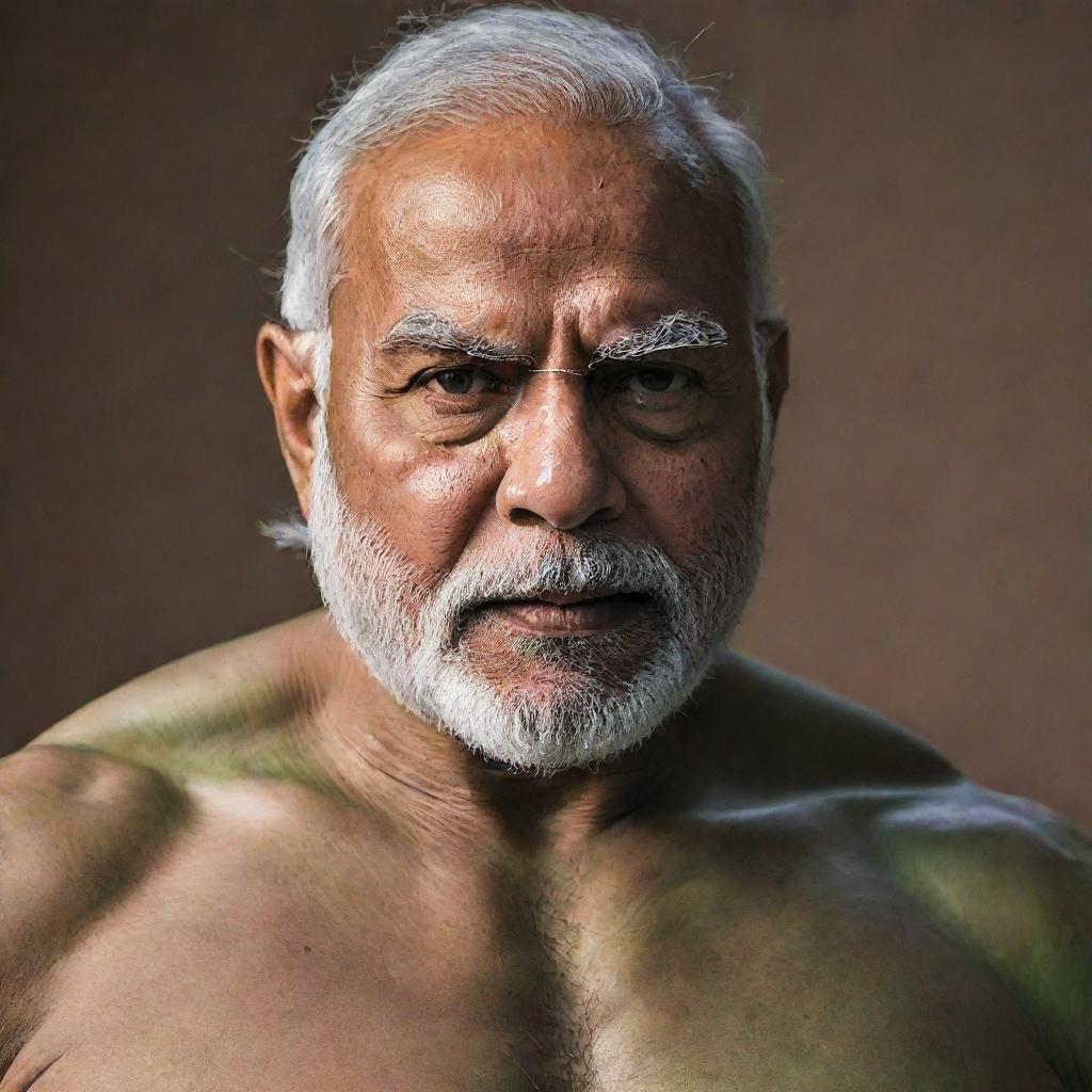 A powerful and imposing image of Narendra Modi, his facial features recognizable, on the robust body of 'The Hulk', radiating strength and determination.