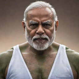 A powerful and imposing image of Narendra Modi, his facial features recognizable, on the robust body of 'The Hulk', radiating strength and determination.