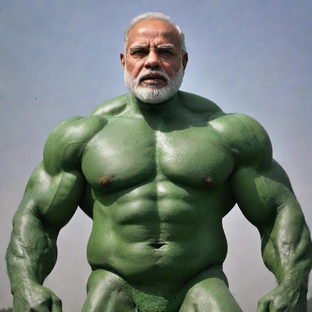 A powerful image of Narendra Modi, his face on the robust, green body of 'The Hulk', heroically averting a world war, symbolically represented by missiles and tanks, to safeguard India.