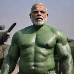 A powerful image of Narendra Modi, his face on the robust, green body of 'The Hulk', heroically averting a world war, symbolically represented by missiles and tanks, to safeguard India.