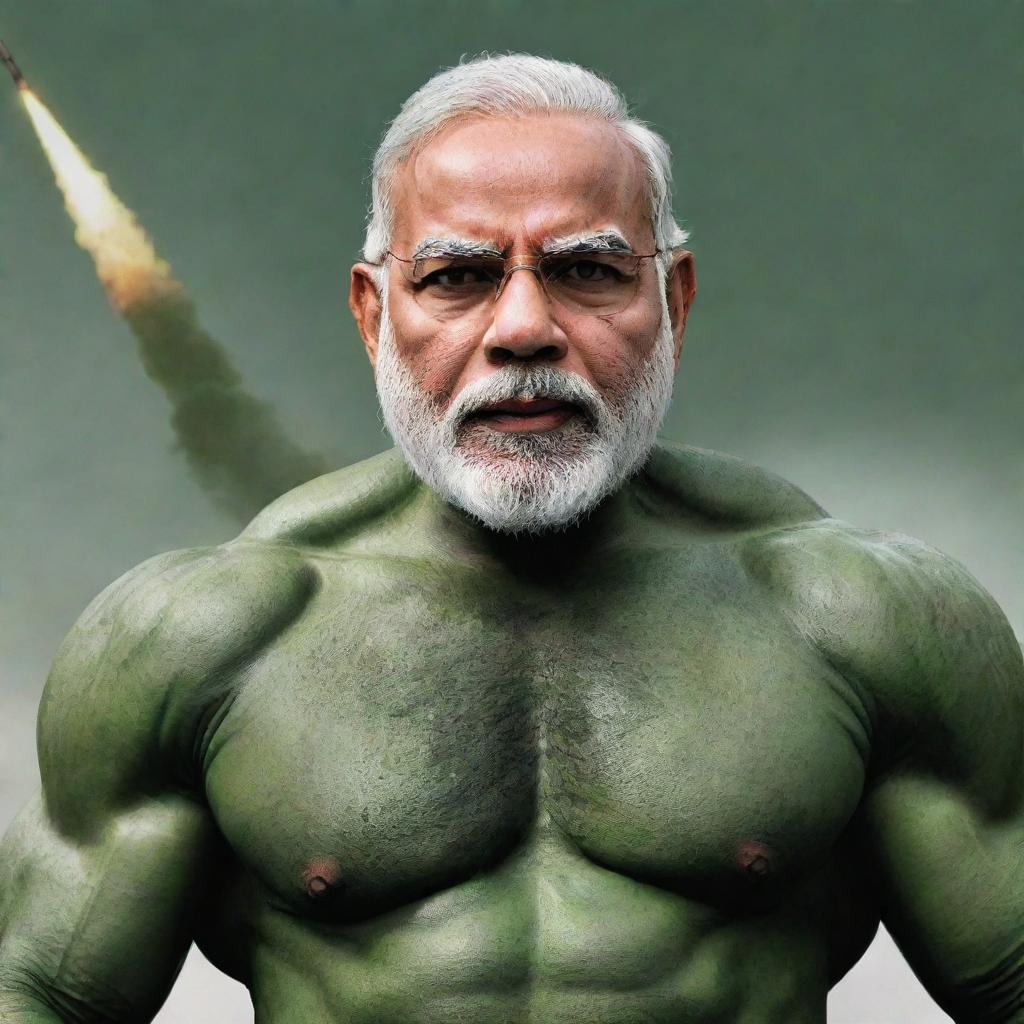 A powerful image of Narendra Modi, his face on the robust, green body of 'The Hulk', heroically averting a world war, symbolically represented by missiles and tanks, to safeguard India.