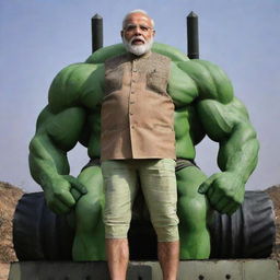 A powerful image of Narendra Modi, his face on the robust, green body of 'The Hulk', heroically averting a world war, symbolically represented by missiles and tanks, to safeguard India.