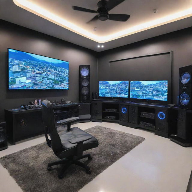 A well-equipped gaming room under a budget of 100,000 units of currency. Features comprise of high-tech gaming consoles, cozy gaming chair, ultrawide monitor, surround sound system, and thematic decorations.