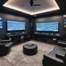 A well-equipped gaming room under a budget of 100,000 units of currency. Features comprise of high-tech gaming consoles, cozy gaming chair, ultrawide monitor, surround sound system, and thematic decorations.