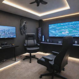 A well-equipped gaming room under a budget of 100,000 units of currency. Features comprise of high-tech gaming consoles, cozy gaming chair, ultrawide monitor, surround sound system, and thematic decorations.