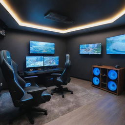 A well-equipped gaming room under a budget of 100,000 units of currency. Features comprise of high-tech gaming consoles, cozy gaming chair, ultrawide monitor, surround sound system, and thematic decorations.