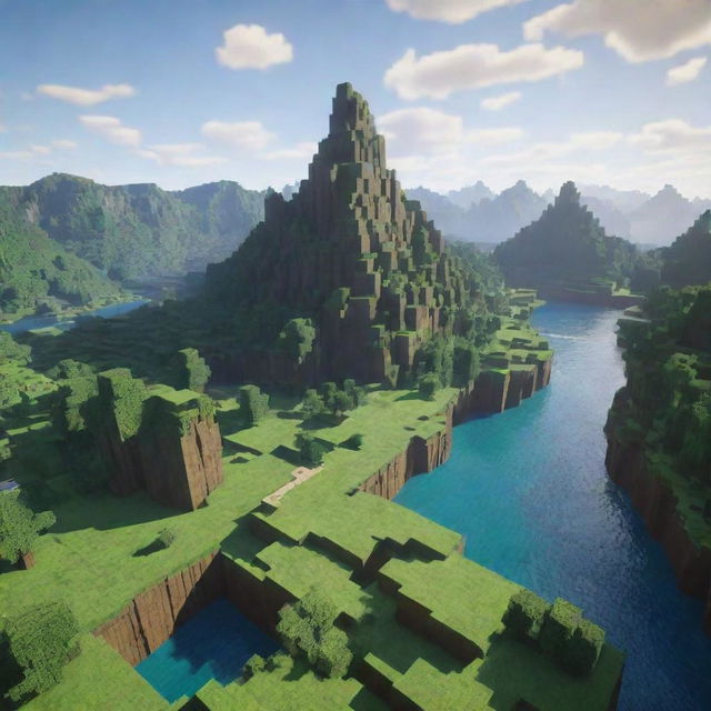 A realistic version of a Minecraft landscape, rendered in 3D, with detailed grass blocks, tall green trees, sparkling rivers, and mountains, under a sky with radiant sunshine.