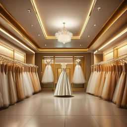 Elegant wedding dress service office interior, 3.77m wide, 5.30m long, 2.80m high, with central lighting, golden-framed walls, waiting area, free space for dress display.