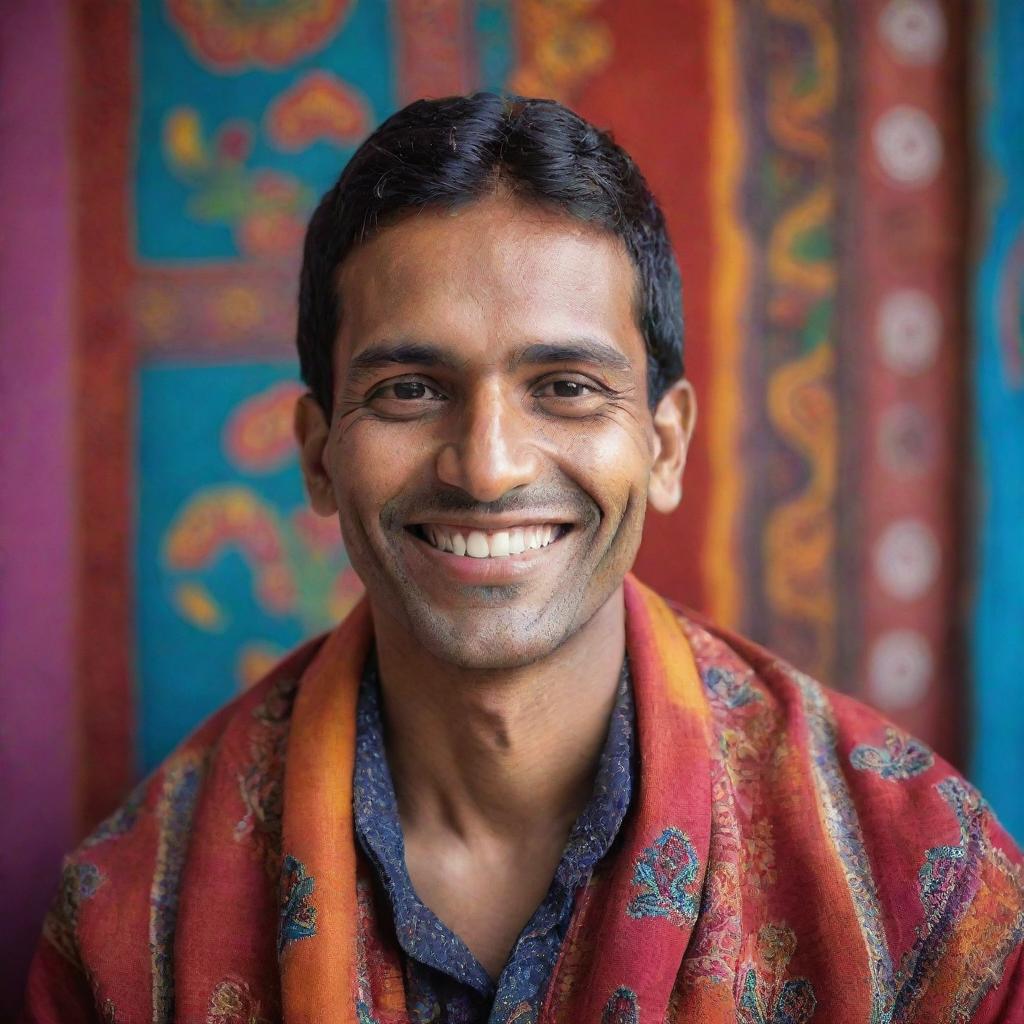 A portrait of an Indian individual dressed in traditional attire, their smile beaming with warmth, with a backdrop of vibrant, colourful Indian motifs.