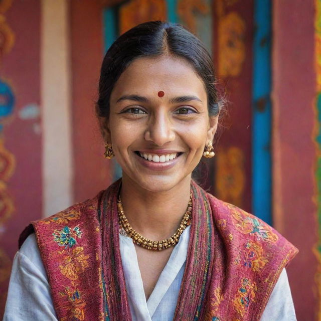 A portrait of an Indian individual dressed in traditional attire, their smile beaming with warmth, with a backdrop of vibrant, colourful Indian motifs.