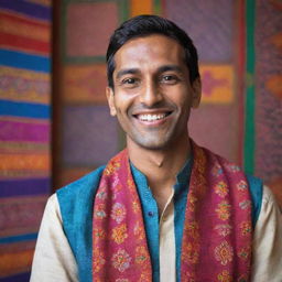 A portrait of an Indian individual dressed in traditional attire, their smile beaming with warmth, with a backdrop of vibrant, colourful Indian motifs.