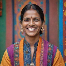 A portrait of an Indian individual dressed in traditional attire, their smile beaming with warmth, with a backdrop of vibrant, colourful Indian motifs.