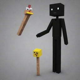 An Enderman from Minecraft with a chicken leg for one of its limbs